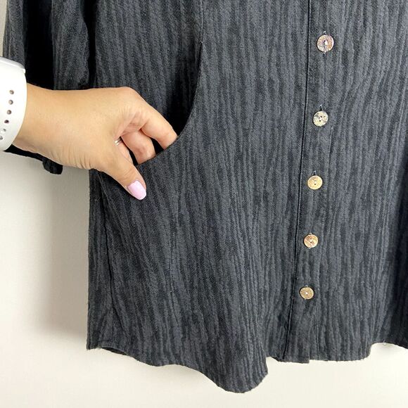 Toofan Top Womens Small Gray Lagenlook Button Up Pockets Textured‎ Woven Classic - Picture 2 of 7